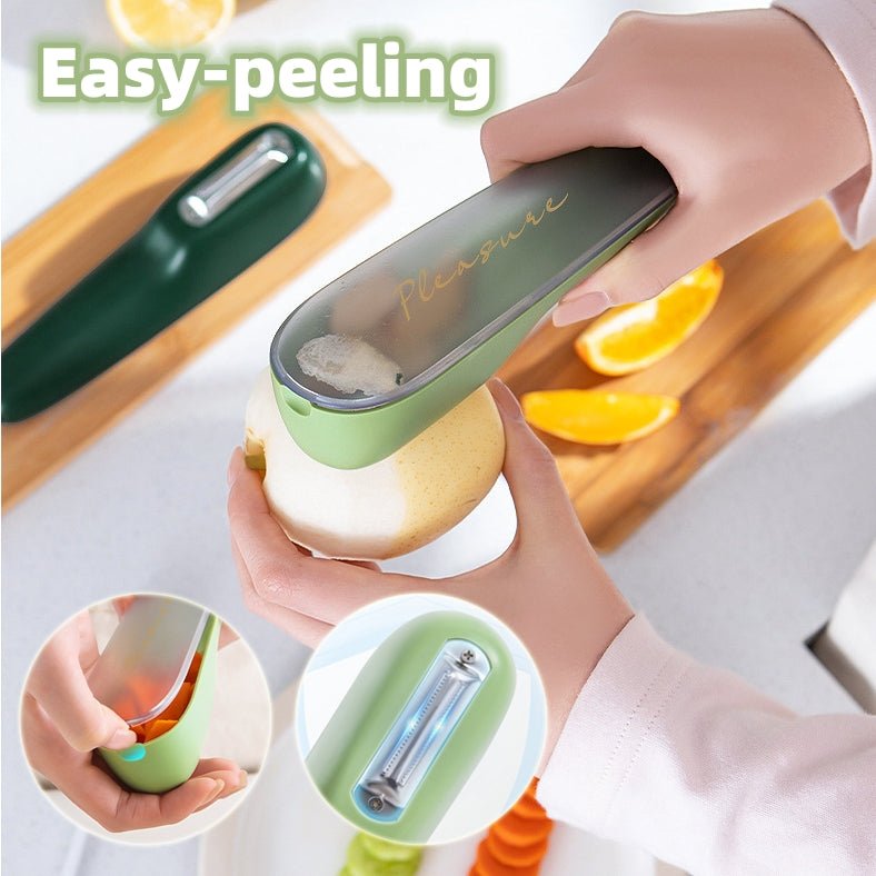 Fruit and vegetable peeler with storage tube