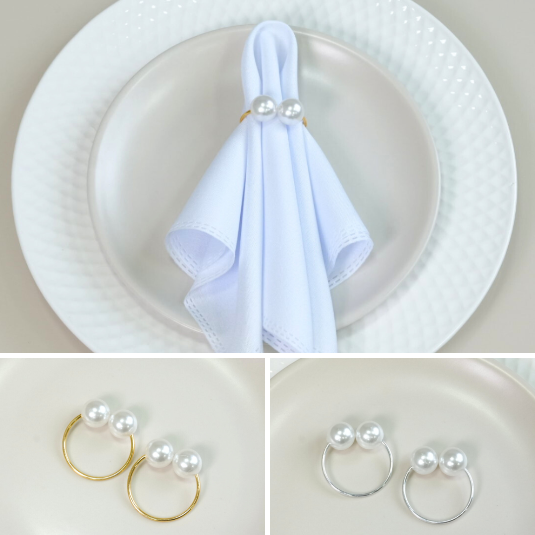 Set of 4 Pearl Napkin Rings – Double Pearl Design 1.6 x 1.2 in Elegant Table Decor