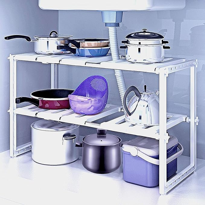 Adjustable under-sink kitchen storage rack