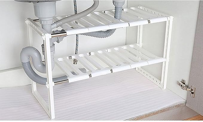 Adjustable under-sink kitchen storage rack